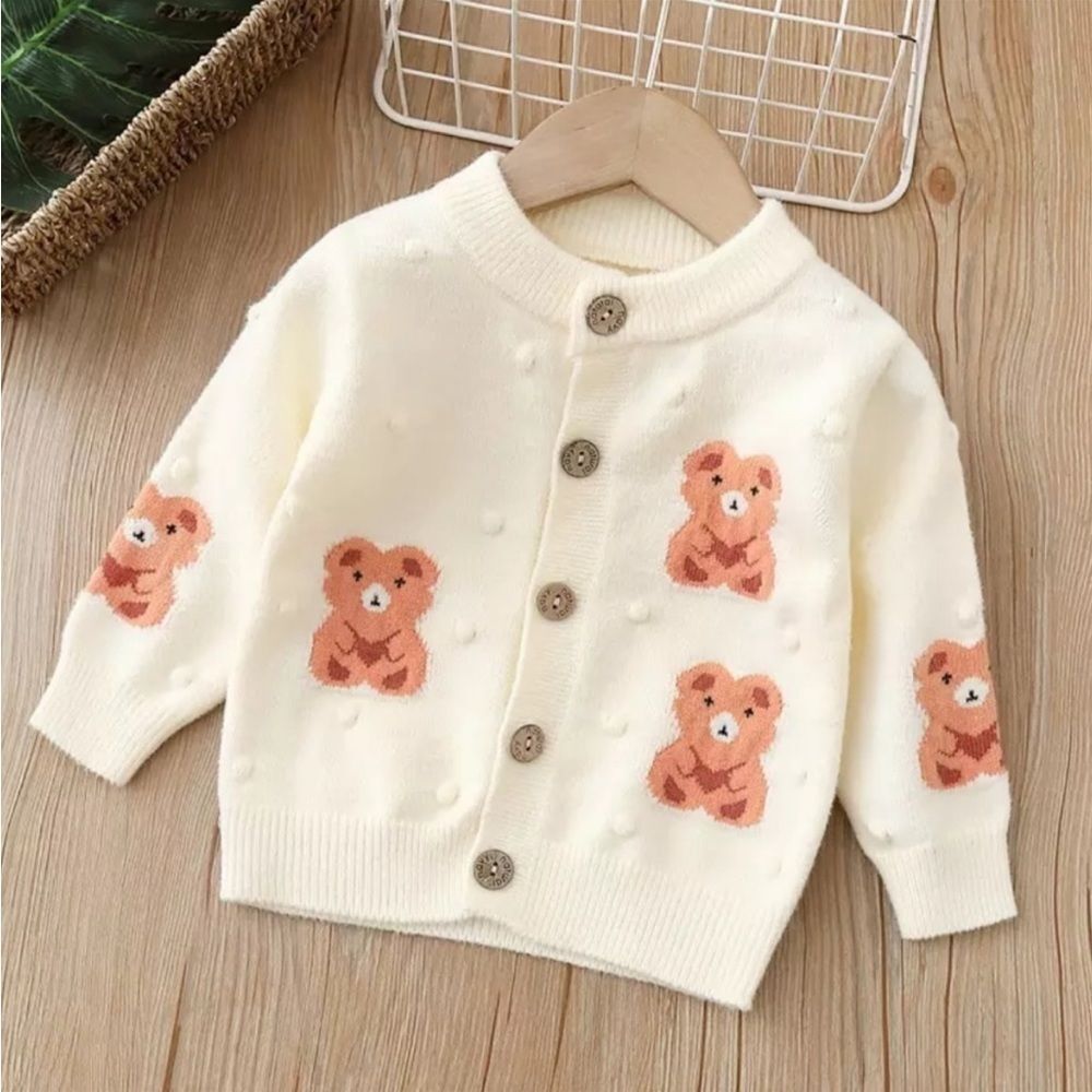 Kids Teddy Bear Cardigan Sweater In Ivory